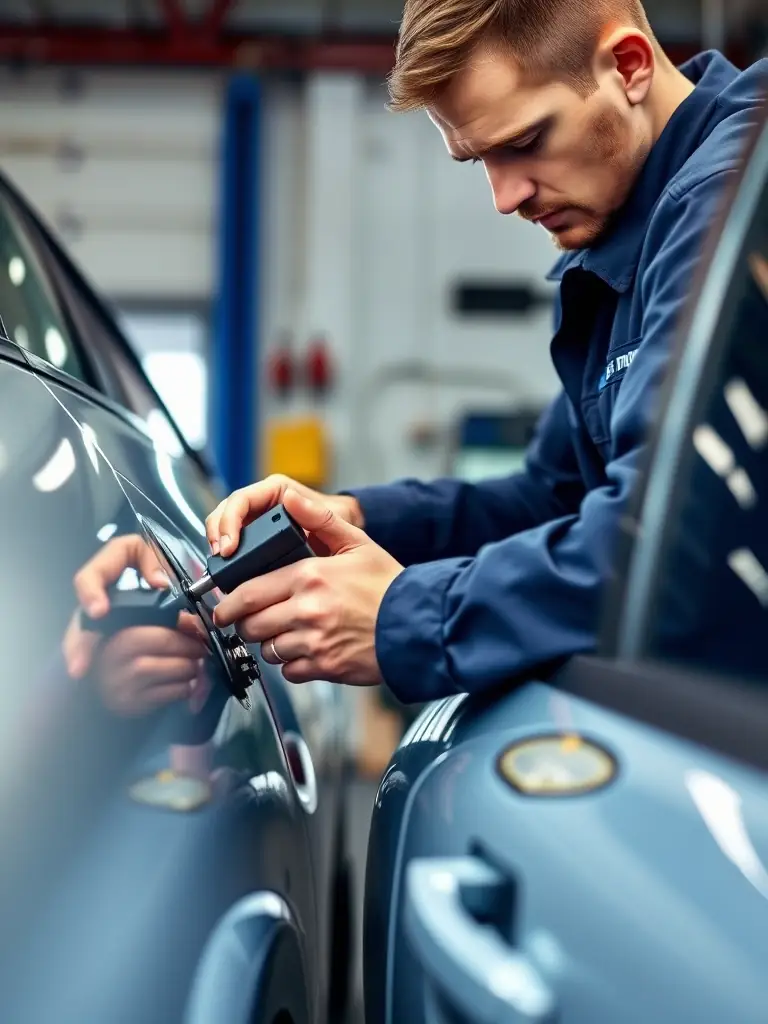 A close-up shot of a technician expertly removing a small dent from a car door using specialized tools, showcasing precision and care.