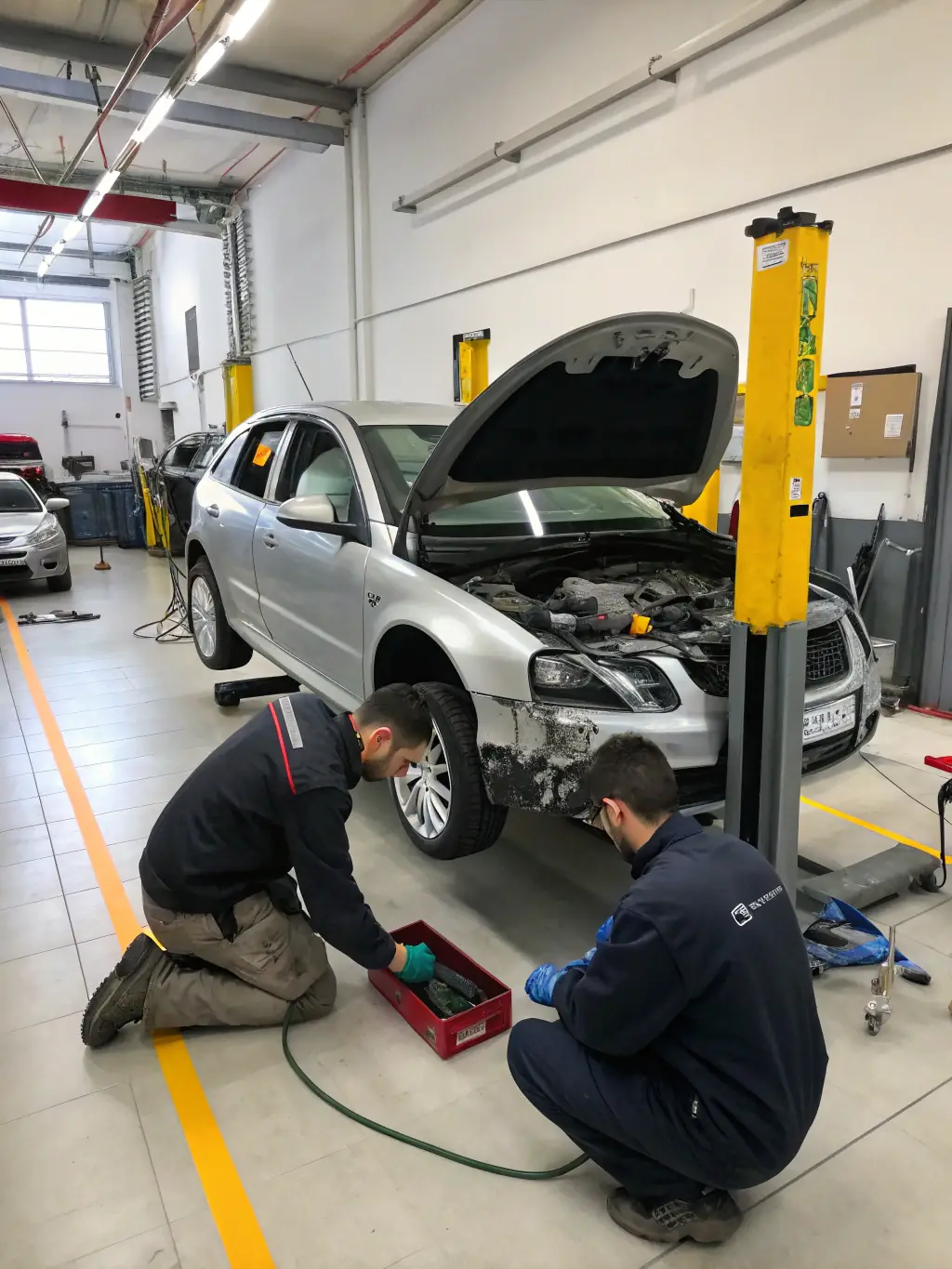 A before-and-after shot of a cracked bumper being repaired and refinished, demonstrating the restoration process and quality of work.