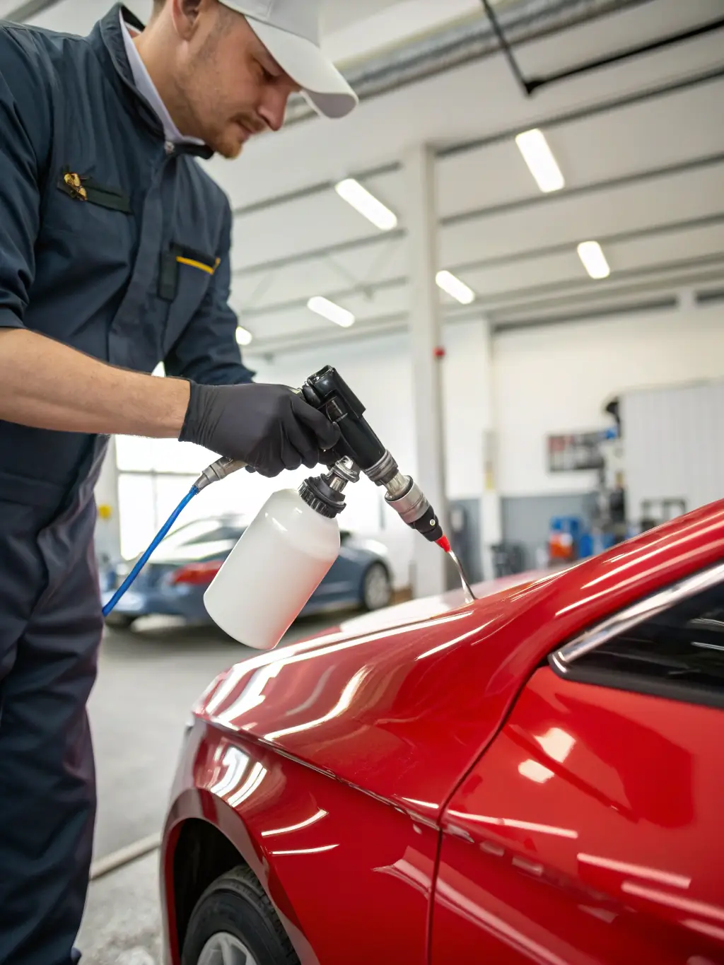 A technician meticulously repairing a scratch on a car's surface, using color-matched paint and blending techniques to achieve a seamless repair.