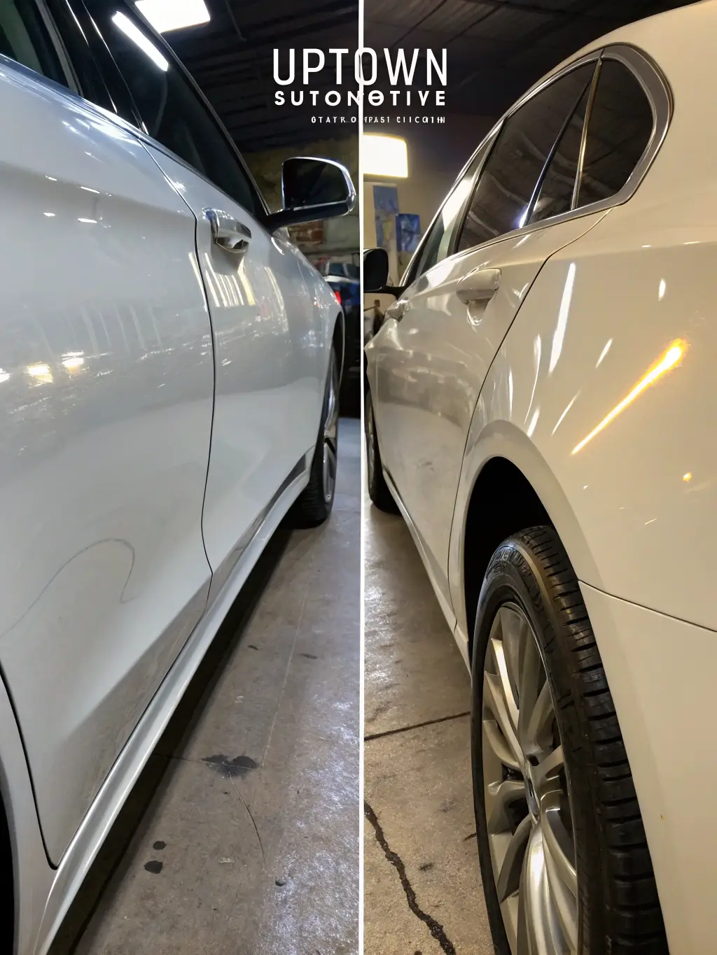 A before-and-after shot of a bumper repair, showing the damaged bumper before the repair and the restored bumper after the service.
