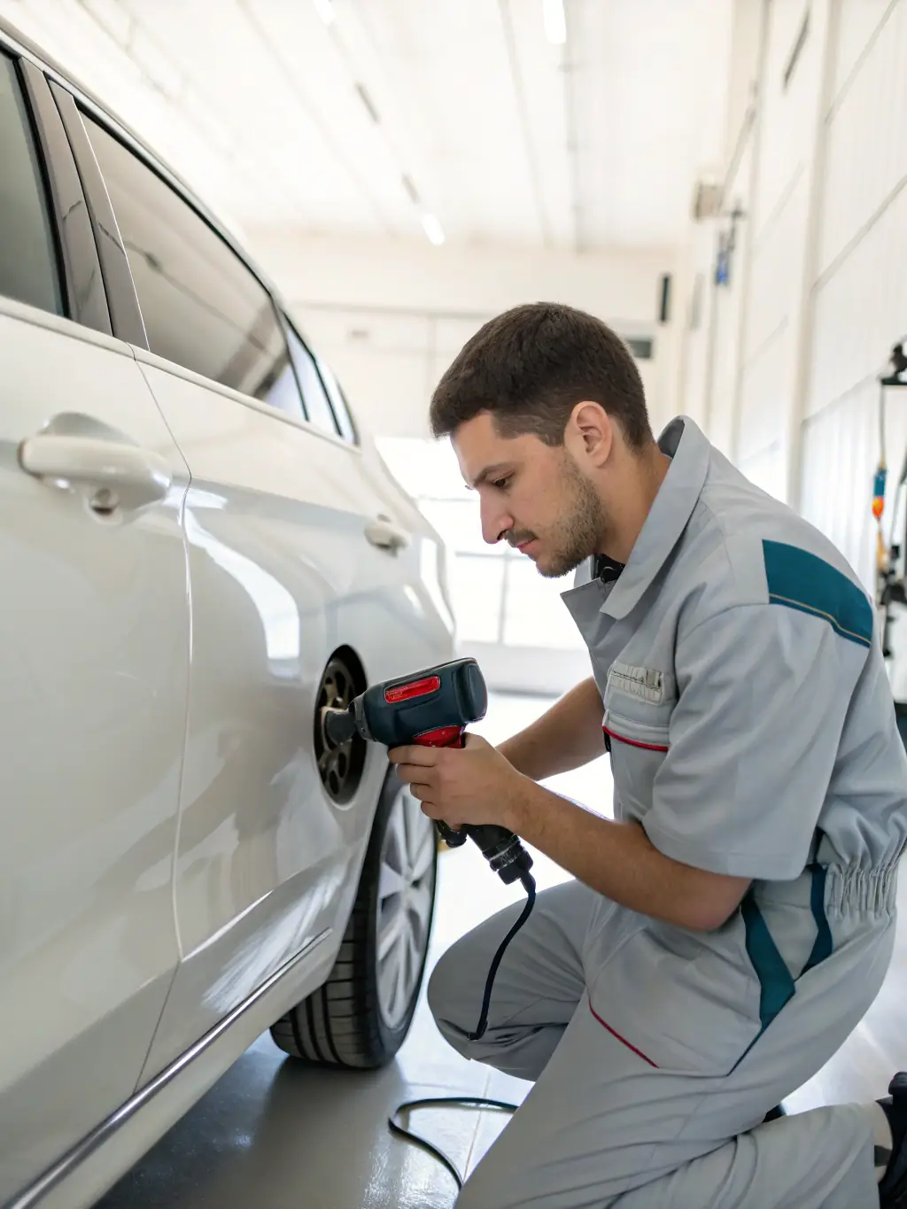 A close-up shot of a technician expertly removing a dent from a car door using specialized tools, showcasing the precision and skill involved in dent repair.