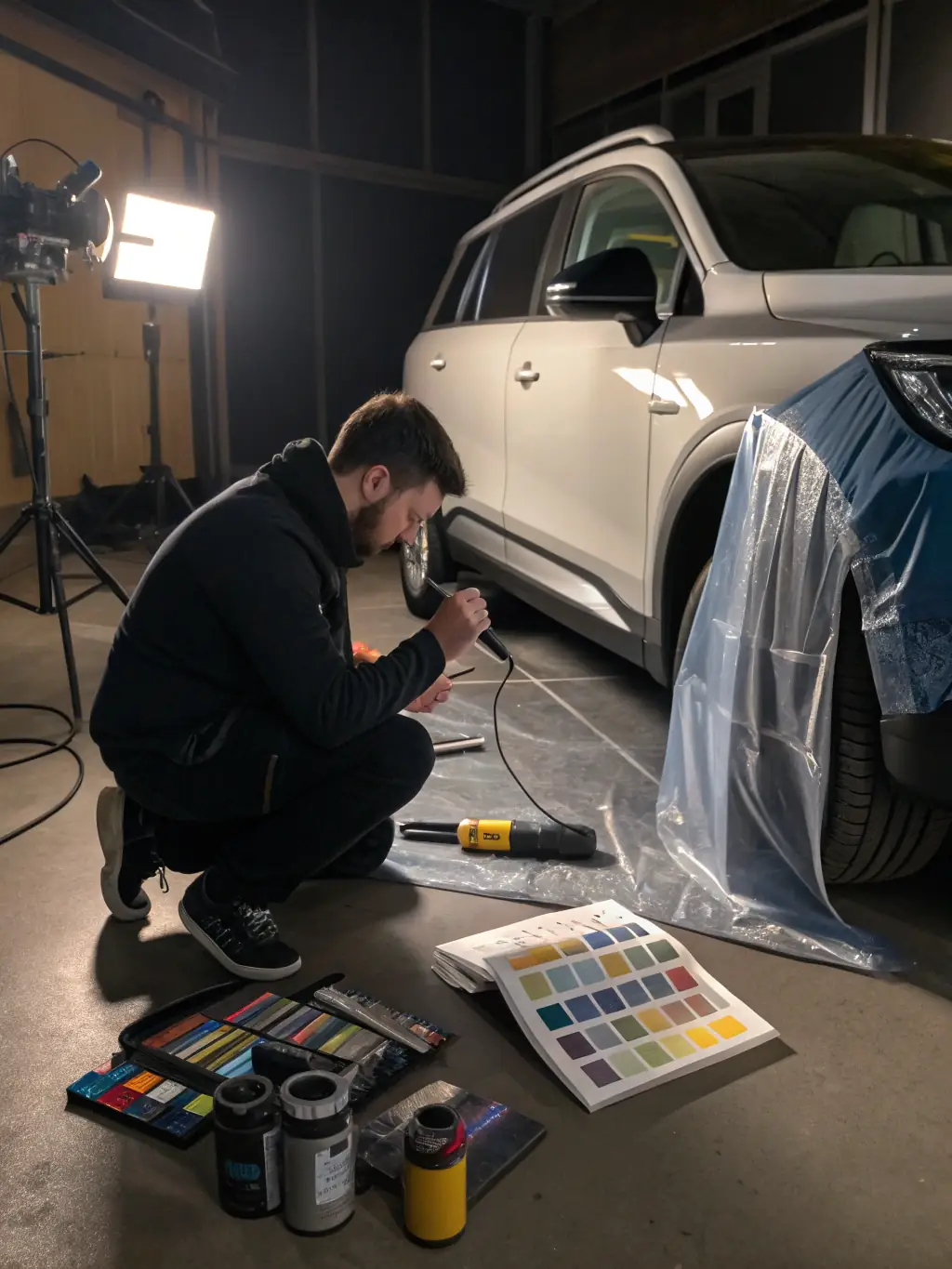 A technician meticulously applying touch-up paint to a minor scratch on a car's fender, blending it seamlessly with the surrounding area.