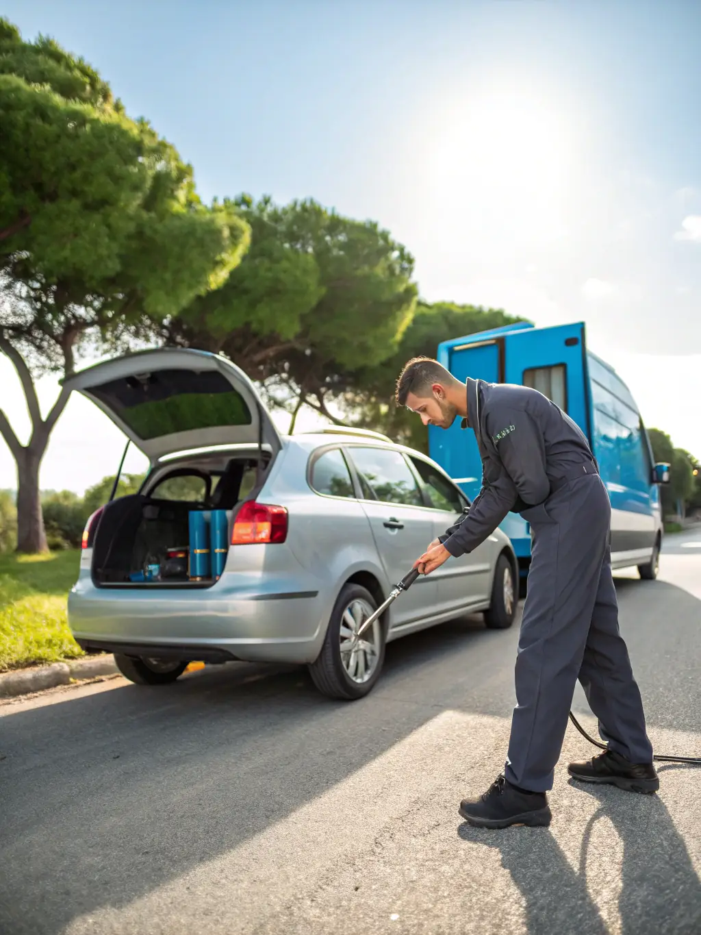 A mobile auto body repair van parked next to a luxury sedan, with a technician working on the car's body, emphasizing the convenience of on-site service.