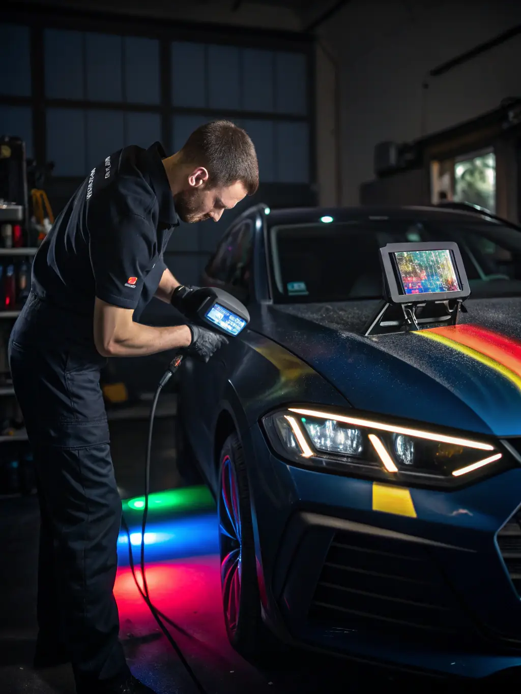 A technician using advanced color-matching technology to ensure a perfect paint match for a vehicle's body panel, highlighting the attention to detail in paint repairs.